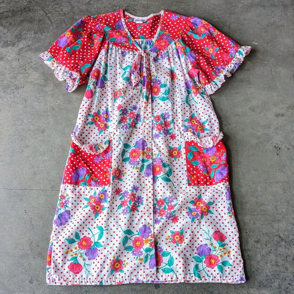 Vintage 80s Grandmacore Pink Purple Ruffle Sleeve Snap Front House Dress small